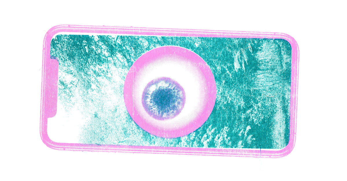 An illustration of an eye ball on a phone screen.