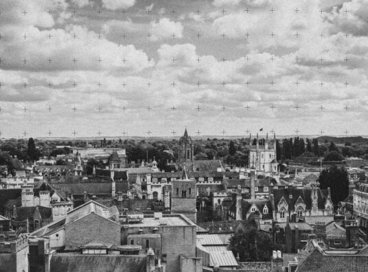 A black and white image of the Cambridge skyline