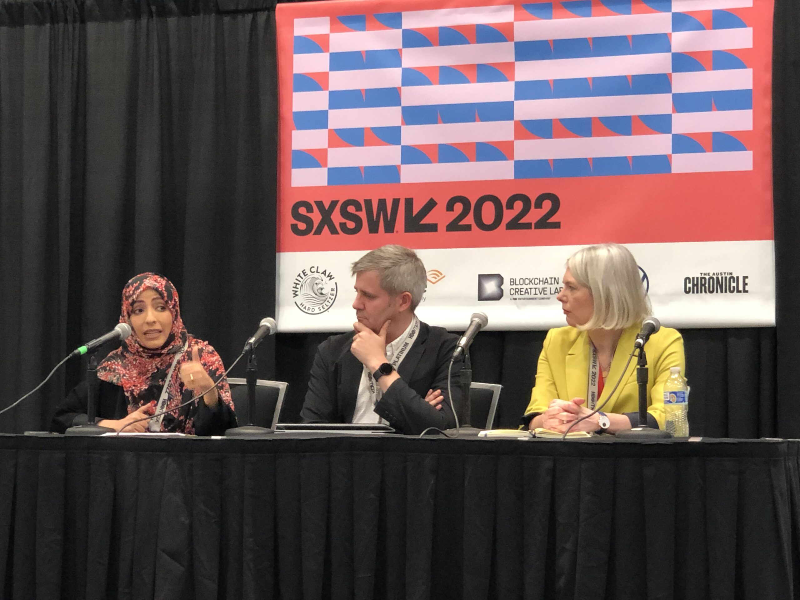 From left to right - Tawakkol Karman, Phil Howard, and Gina Neff at SXSW