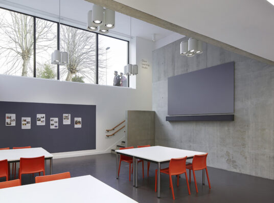 An image of the tables and chairs in the Clore Learning Studio at Kettles Yard, Cambridge