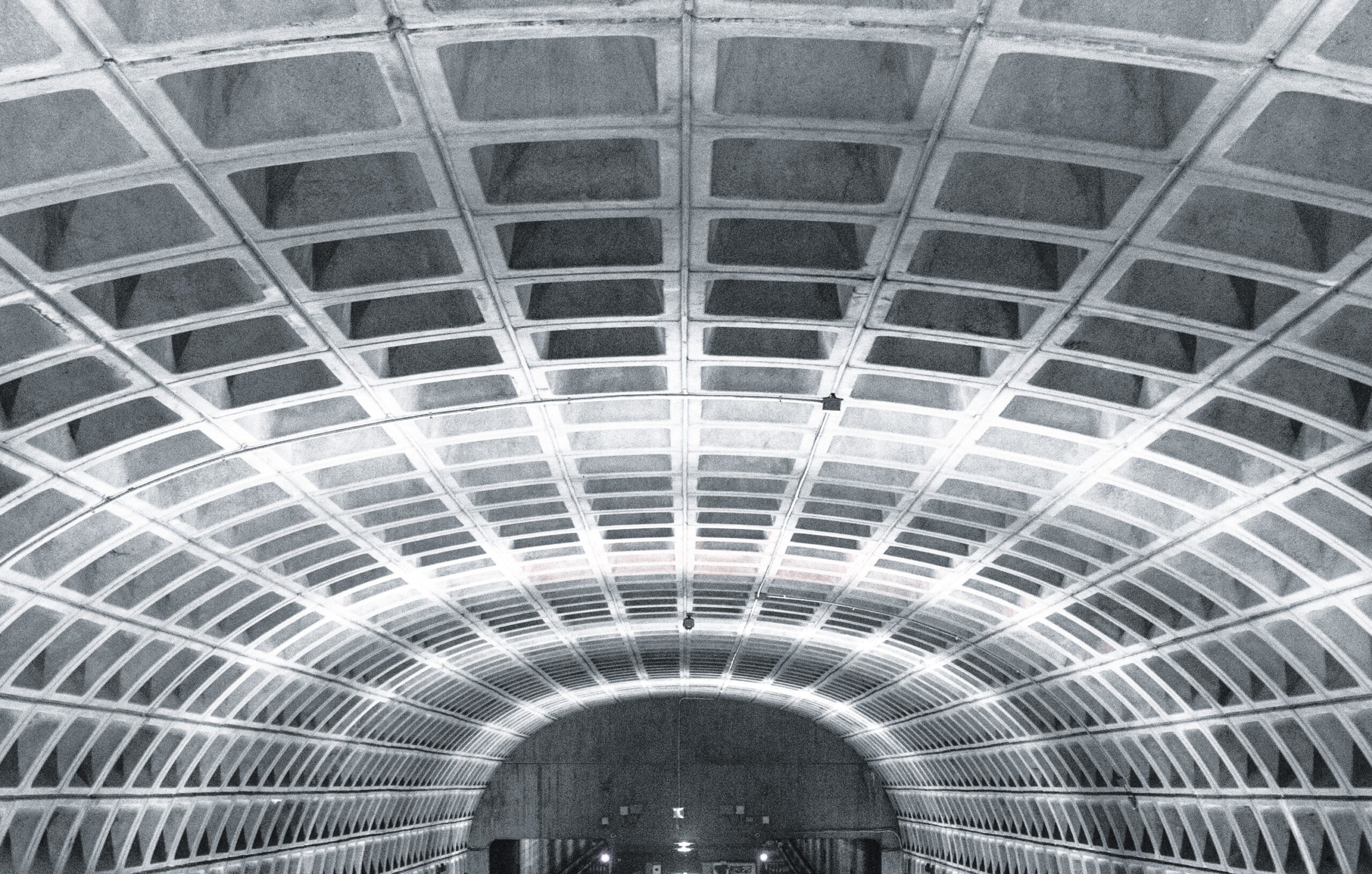 An image of a Washington DC metro station in black and white