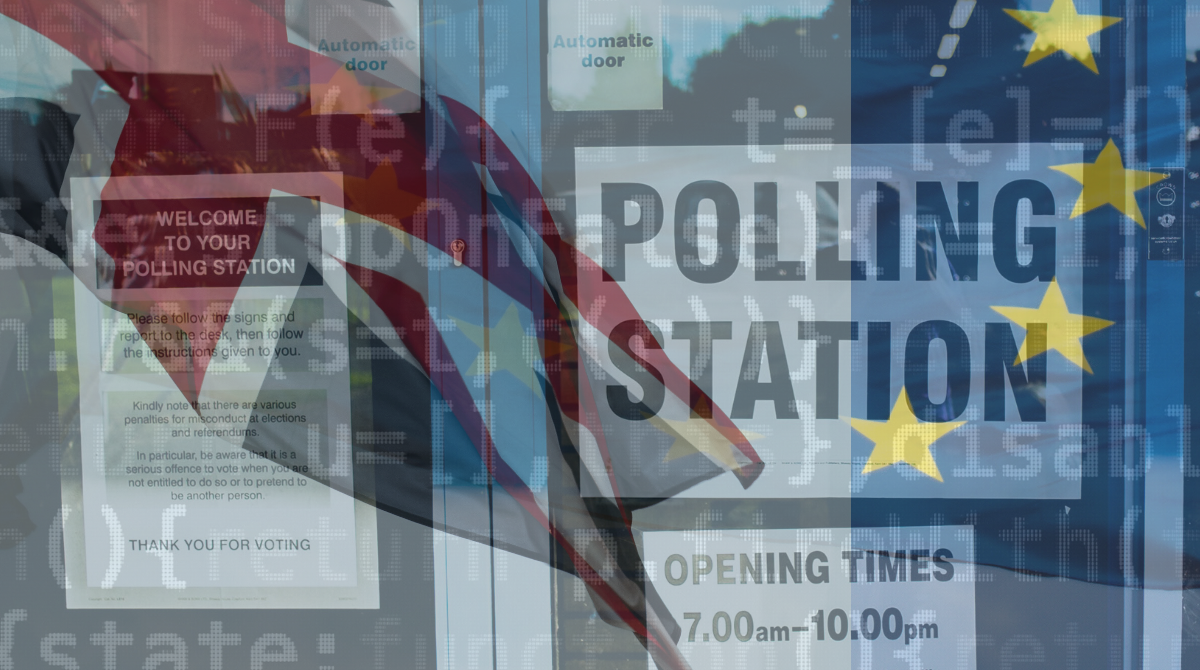 Union Jack, EU flag and polling station sign