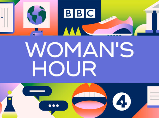 The BBC Woman's House Logo - a blue banner with cartoons denoting various topics, eg science equipment, a running shoe, a speaking mouth.