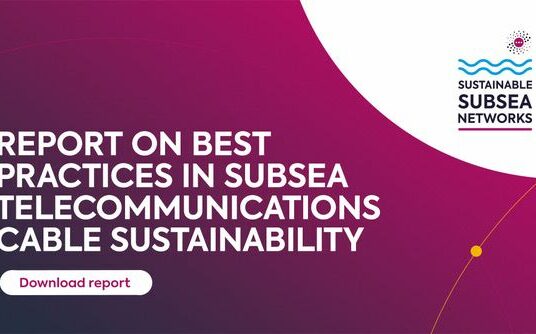 The report title on a crimson background reads: 'report on best practices in subs telecommunications cable sustainability'