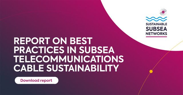 The report title on a crimson background reads: 'report on best practices in subs telecommunications cable sustainability'