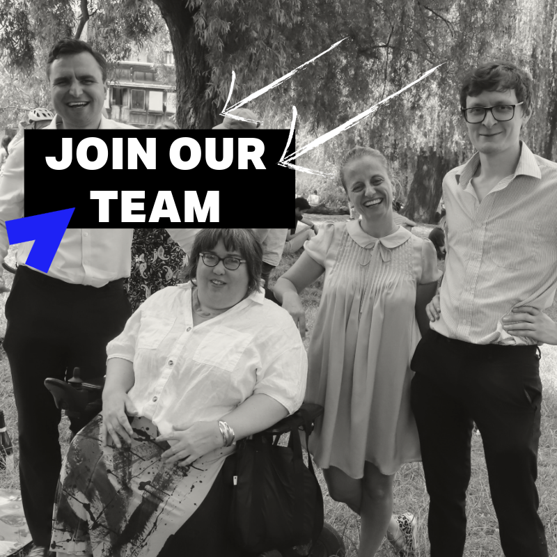 A black and white photo of members of the team standing together in a park. Black and white text reads 'join our team'