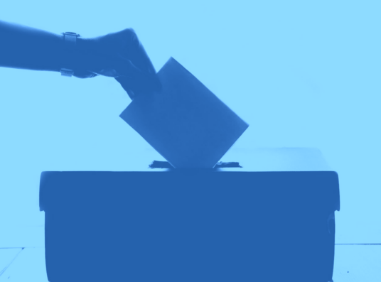 A silhouetted hand puts a slip of paper in a ballot box - dark blue on a light blue background