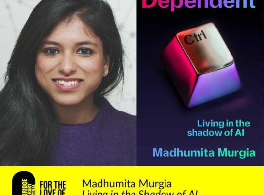 A picture of Madhumita Murgia on one side, and the cover of her book not he other. The book is called 'Code Dependent' and has a picture of a control key from a computer