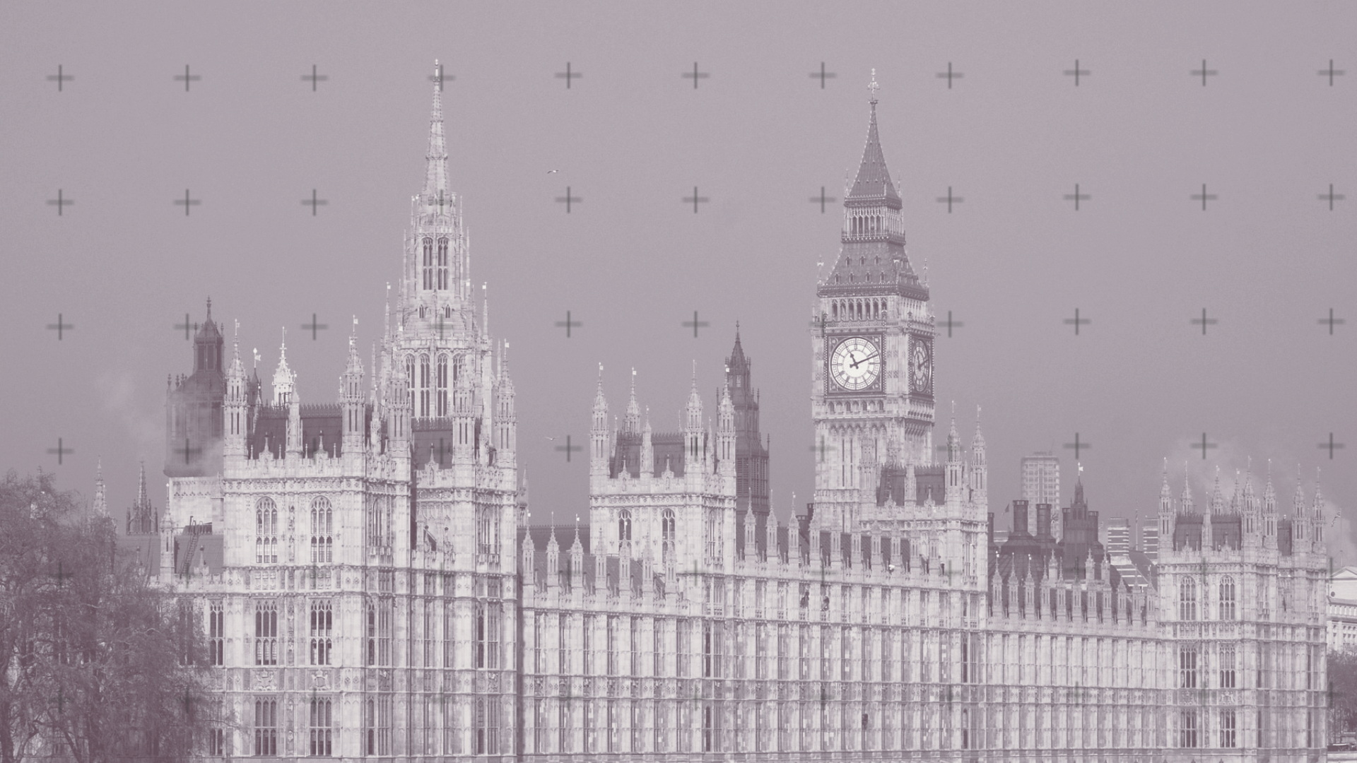 A purple-grey photo of Parliament, with a cross hatching overlaid.