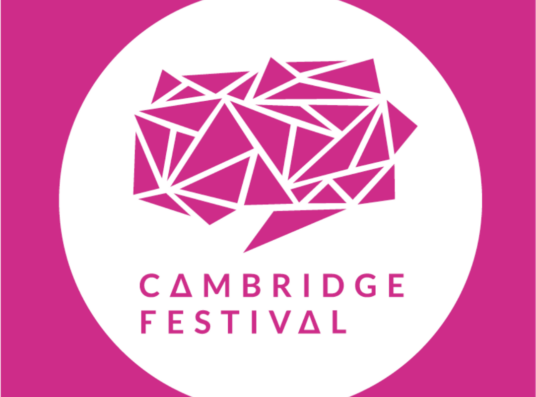 the Cambridge Festival logo in pink - an abstract brain made of pink triangles on a white background