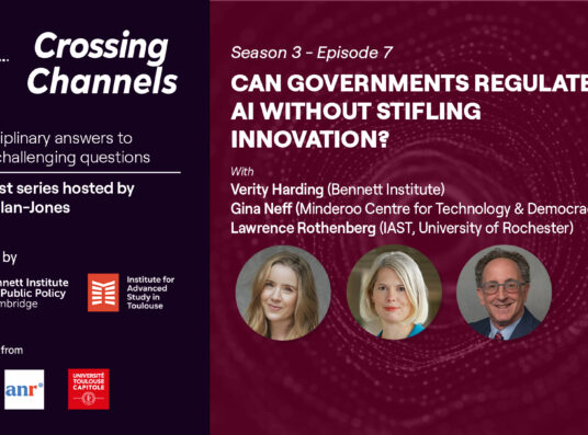 An info card: the Crossing Channels logo appears in the top left in white - a caption reads: Interdisciplinary answers to today's challenging questions. A podcast series hosted by Rory Cellan-Jones. Logos from supporting institutions appear in the bottom left. The main caption reads: 'Can governments regulate Ai without stifling innovation? With Verity Harding, Gina Neff, and Lawrence Rothenberg.